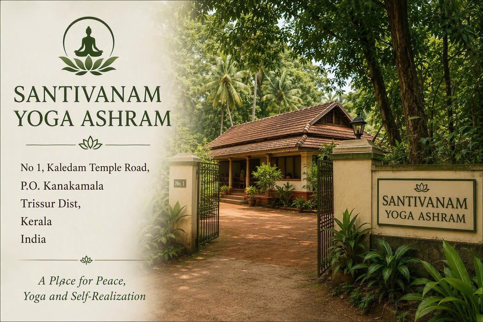 Entrance gate of Santivanam Yoga Ashram in Kanakamala with Address Plaque